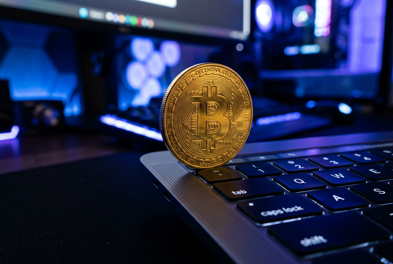 A physical bitcoin coin standing on a modern laptop keyboard.