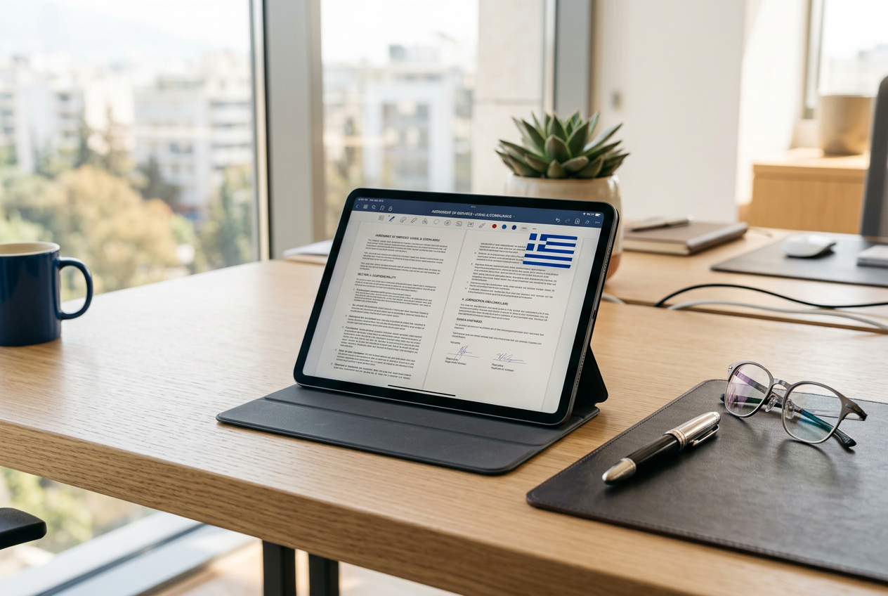 A digital tablet displaying legal documents and regulation icons.