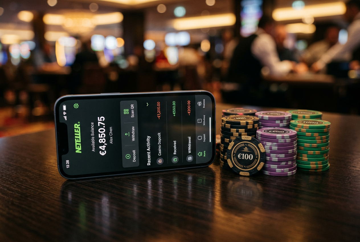 A high-end smartphone showing a digital wallet transaction next to casino chips.